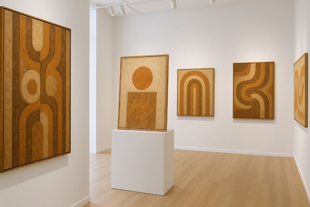 Ein helles, freundliches Kunstgalerie-Interieur mit weißen Wänden und Holzfußboden. An den Wänden hängen mehrere retro-inspirierte Gemälde in warmen Erdtönen mit geometrischen Formen und geschwungenen Linien. Ein weiteres Bild steht zentral auf einem weißen Sockel, alles im klaren, minimalistischen Stil ausgeleuchtet.